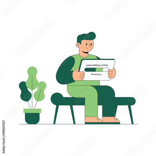 Young man sitting holding chart in office illustration.