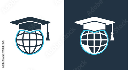 Education globe with graduation cap icon - Line and glyph solid icon and logo template - Clipart, sticker - icon set