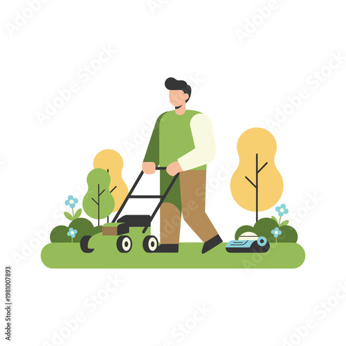 Gardener Operating Lawn Mower In Green Yard.