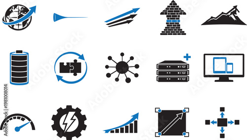 Scalability solid icon set with growth, expansion, performance, capacity, adaptability, efficiency.