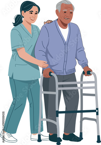 Elderly People Using Walkers with Caregiver Assistance Illustration Set