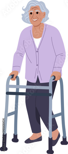 Elderly People Using Walkers with Caregiver Assistance Illustration Set