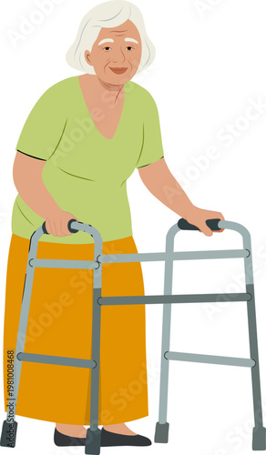 Elderly People Using Walkers with Caregiver Assistance Illustration Set