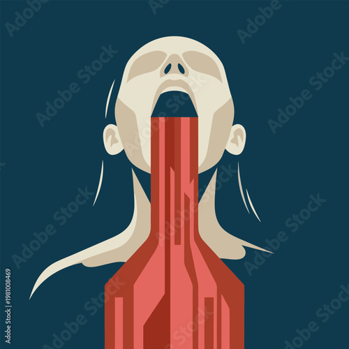 Human Consuming Digital Data Flow Vector Illustration. Concept for Artificial Intelligence, Information Overload, Big Data, and Future Technology Marketing.
