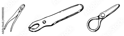 Button hook tool set with hand‑drawn line art on white background featuring vintage, sewing accessory, illustration with line style and minimalist design