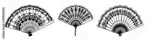 Ornate hand fan set with delicate lace and hand-drawn line art featuring traditional design, elegance, and intricate details with decorative patterns and vintage style