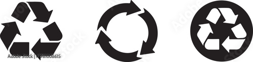 Recycling symbol icon in black silhouette, eco friendly sign with circular arrows design.