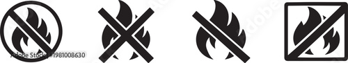 No fire icon with crossed flame in bold black silhouette, clear safety warning sign.