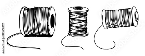 Thread spool set with hand‑drawn organic art featuring metallic thread, single spool, white background with line illustration and minimalist style