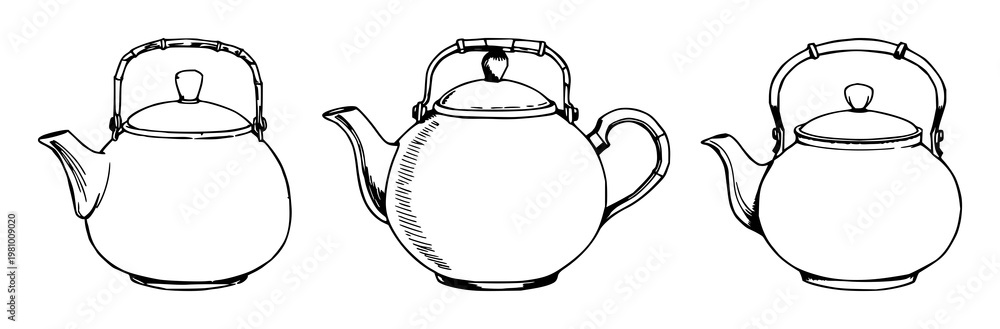 Obraz premium Teapot set with hand-inked line art design featuring ceramic, bamboo handle, and kitchenware with beverage and drinkware