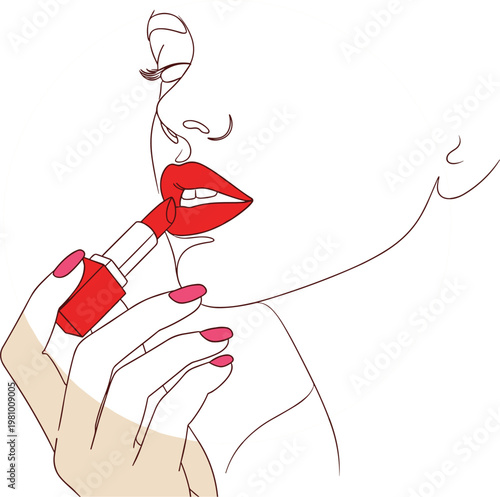 Continuous Line Art Woman Applying Lipstick – Beauty Face, Makeup Cosmetic Minimal One Line Drawing Vector Illustration
