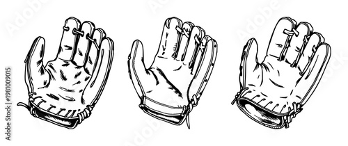Hand‑drawn vintage leather baseball glove set with intricate organic line art design featuring baseball gear, sports equipment, gloving with leather texture and natural shadows