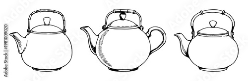Teapot set with hand-inked line art design featuring ceramic, bamboo handle, and kitchenware with beverage and drinkware