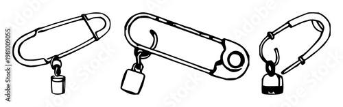 Safety pin set with hand-inked line art design featuring small charm, fastener, apparel accessory with metal and jewelry