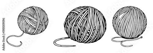 Knitting yarn set with a single ball of wool and a loose end featuring hand-drawn, line art, ink style with black and white