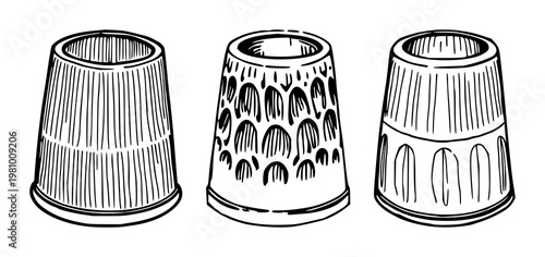 Tailor's thimble set with hand-inked line art featuring tailoring, sewing, needlework with open top and white background