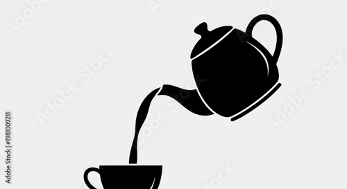 Black silhouette of a teapot pouring liquid into a cup on a plain background