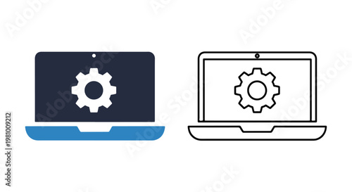 Laptop computer with gear settings icon - Glyph solid icon - Editable modern style icon - Clipart, sticker - icon set - Clipart