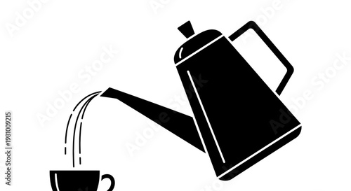 Black silhouette of a teapot pouring liquid into a cup on a white background.