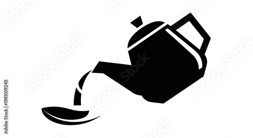 Black silhouette of a teapot pouring liquid into a spoon on a white background