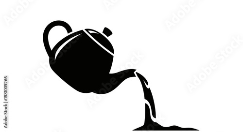 Black silhouette of a teapot pouring liquid, simple icon design on white background