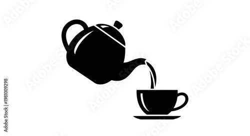 Black silhouette of a teapot pouring tea into a cup on a saucer, isolated on white background.