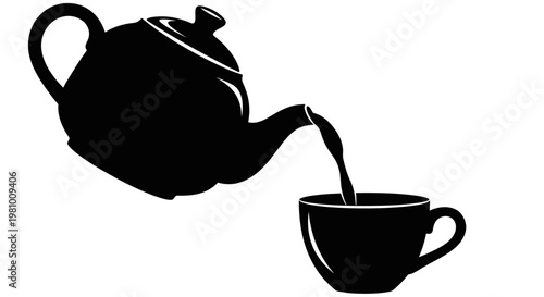 Black silhouette of a teapot pouring tea into a cup, isolated on white background