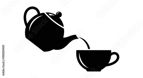 Black silhouette of a teapot pouring tea into a cup, isolated on white background