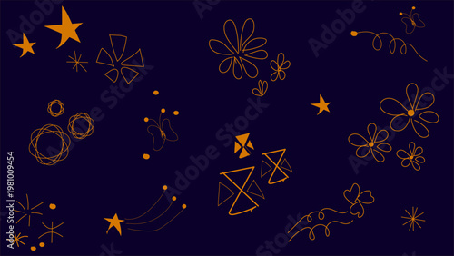 Hand Drawn Golden Decorative Shapes and Floral Doodles Collection