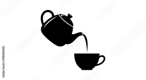 Black silhouette of tea being poured from a teapot into a cup, isolated on white background.