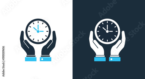 Hands holding clock time management icon - Line and glyph solid icon and logo template - Clipart, sticker - icon set