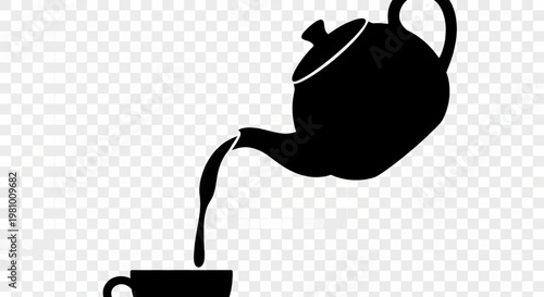Black Silhouette of Teapot Pouring Hot Beverage into Cup