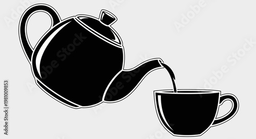 Black Silhouette of Teapot Pouring Tea into Cup on Gray Background