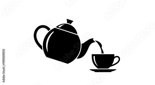 Black silhouette of teapot pouring tea into cup on saucer, isolated on white background.