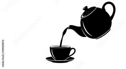 Black Silhouette of Teapot Pouring Tea into Cup on Saucer