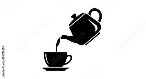 Black teapot pouring hot beverage into coffee cup and saucer, simple icon