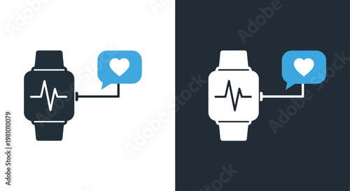 Smartwatch with heart rate notification - Line and glyph solid icon and logo template - Clipart, sticker - icon set