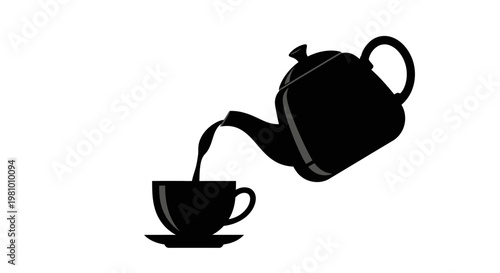 Black teapot pouring tea into a cup and saucer, isolated on white background