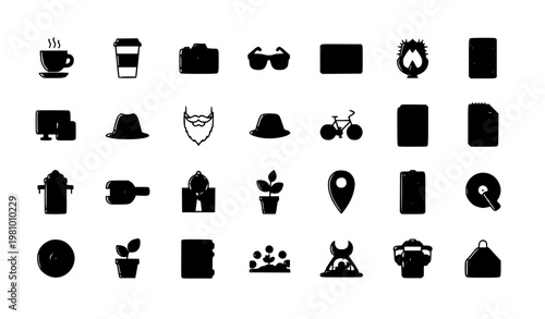 Minimal lifestyle hipster color line icon set with coffee camera bicycle and travel elements vector