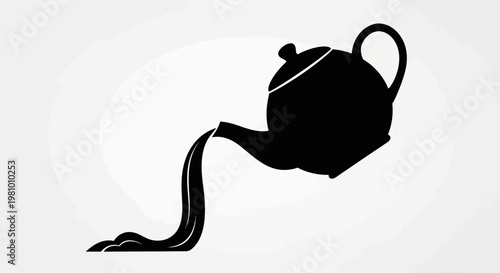 Black Teapot Silhouette Pouring Dark Liquid on White Background