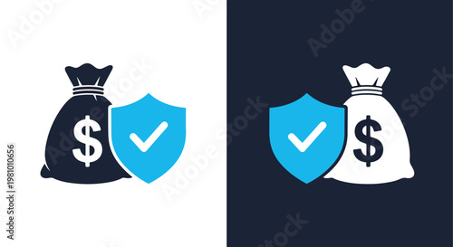 Money bag with shield protection icon - Minimalist, flat icon, outline, glyph, linear, clipart, sticker - icon set