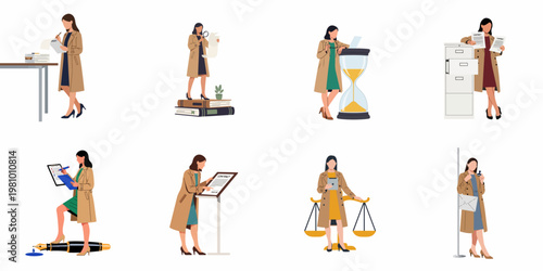 Flat vector illustrations of a professional woman in a trench coat engaged in various legal, business, and administrative document management activities.
