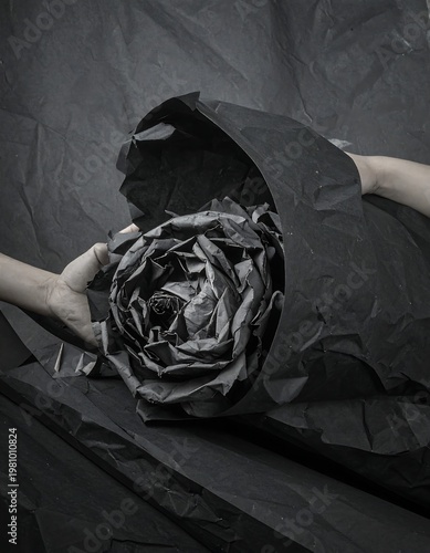 A person holds a crumpled paper flower