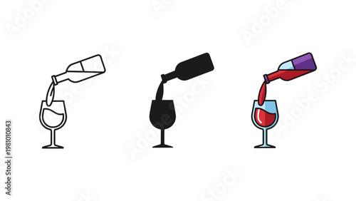 Three distinct graphic styles illustrate a bottle pouring liquid into a wine glass.