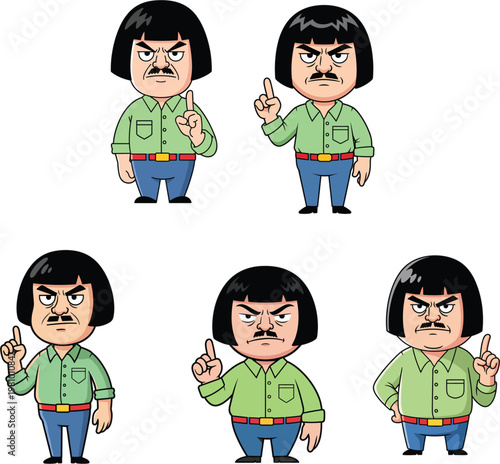 Angry Boss Character Set With Mustache And Bowl Cut Hair Wearing Green Shirt Pointing Finger For Warning