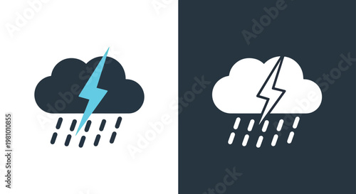 Storm cloud with lightning and rain icon - Blue icon set - Modern style icon  - Glyph and solid icon set - Icon vector