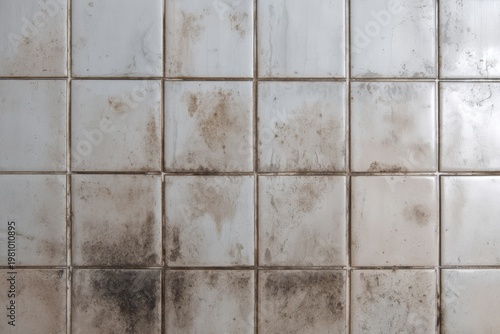 Dirty stained white tile wall texture with dark grout.