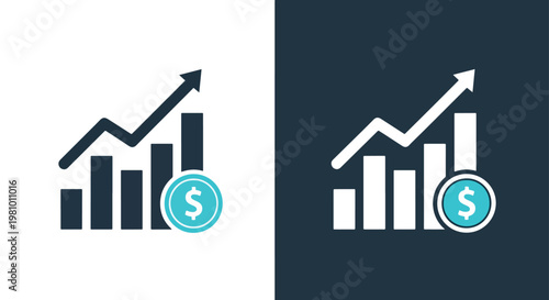 Financial growth chart with dollar coin - Minimalist, flat icon, outline, glyph, linear, clipart, sticker - icon set