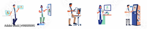 Collection of flat vector illustrations depicting modern telemedicine services, digital healthcare consultations, online prescriptions, and virtual medical technology used by doctors.