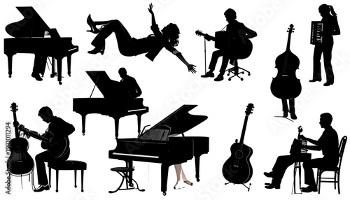 Silhouettes of musicians playing various instruments, including piano, guitar, and bass, in diverse poses